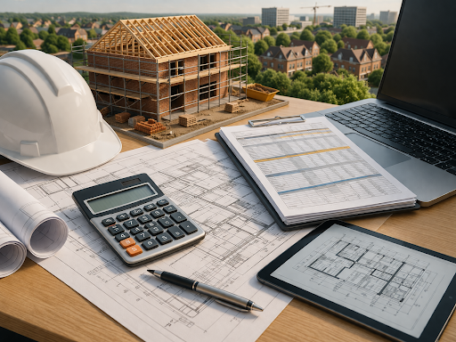 Construction planning desk with house model and blueprints