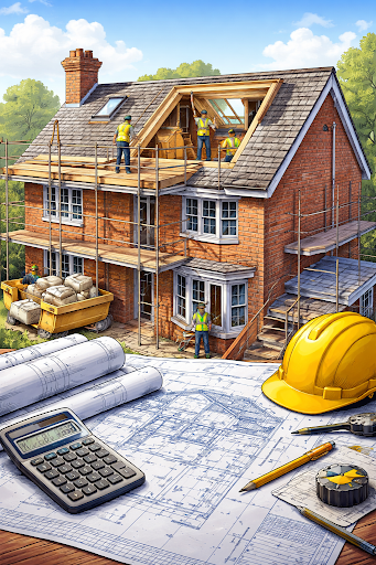 House extension construction with builders and blueprints